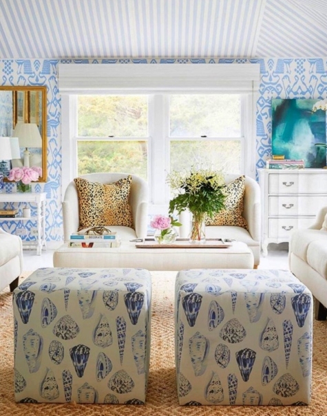 Coastal Blue Nautical Ottomans in Bright Living Room