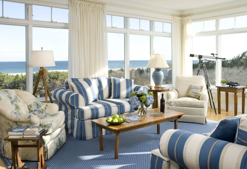 Coastal Living Room with Blue and White Striped Sofas