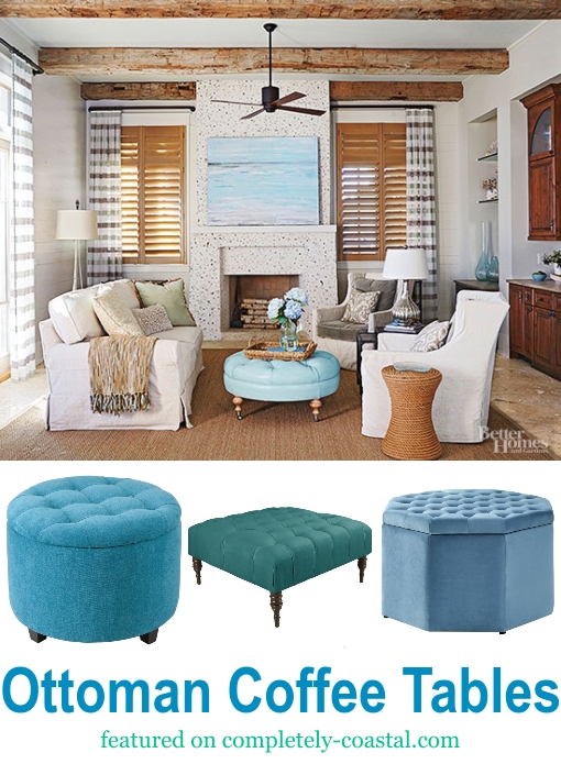 Coastal Living Room with Blue Ottoman Coffee Table