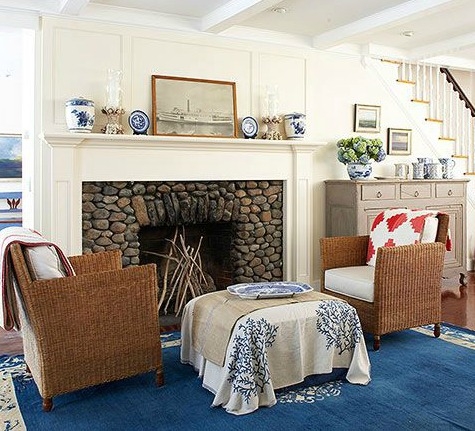 Coastal Living Room with Nautical Ottoman and Wicker Chairs