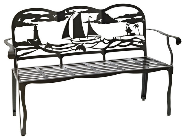 Coastal Metal Bench with Sailboat and Lighthouse Design