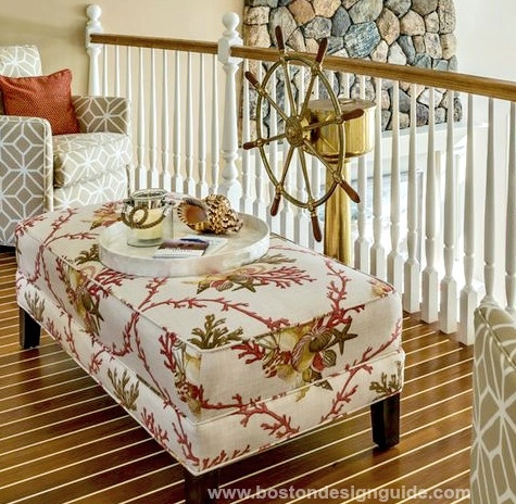 Coastal Nautical Ottoman with Marine-Inspired Fabric