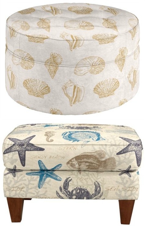 Coastal Nautical Ottomans with Sea Life Patterns