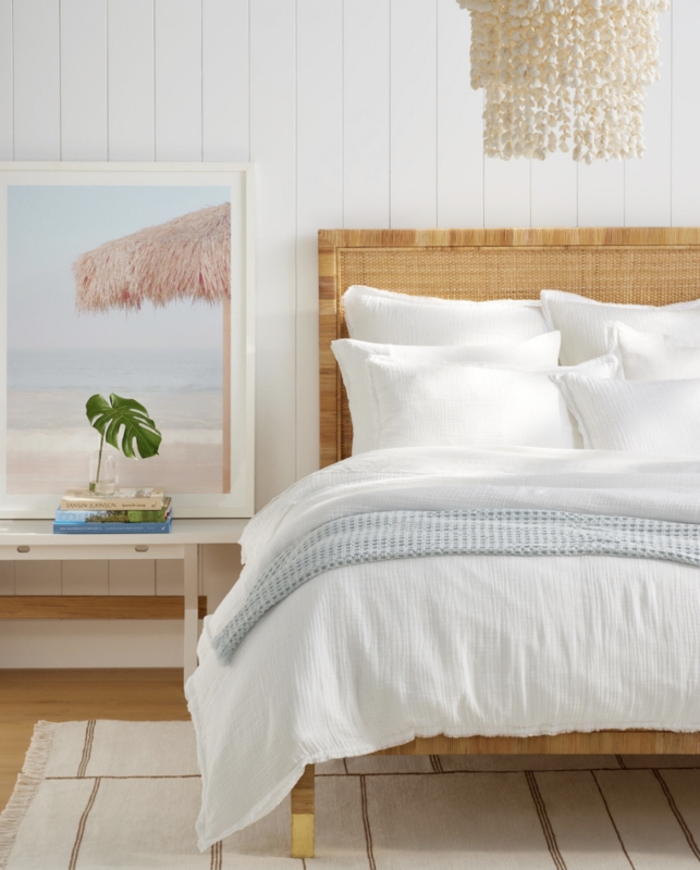 Coastal Rattan Bed Frame with Soft White Bedding