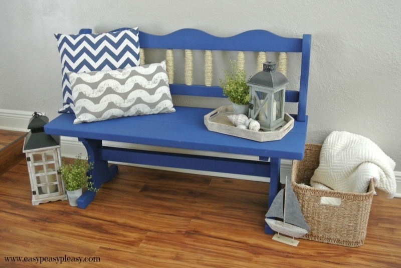 Coastal Style Blue Bench with Nautical Decor
