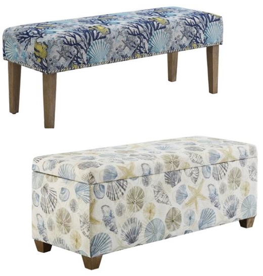Coastal Upholstered Benches with Storage and Sea Shell Prints