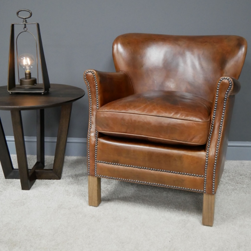 Cognac Brown Leather Armchair with Nailhead Trim