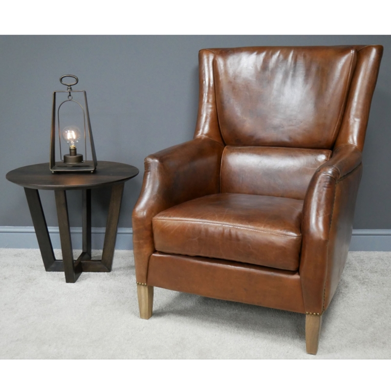 Cognac Leather Armchair with Side Table and Lamp