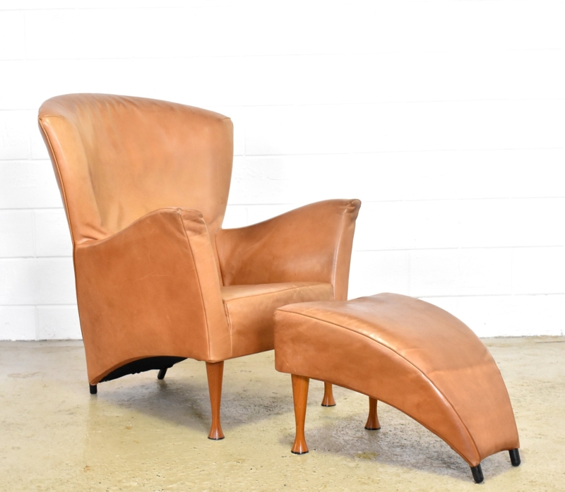 Cognac Leather Castor Lounge Chair with Footstool
