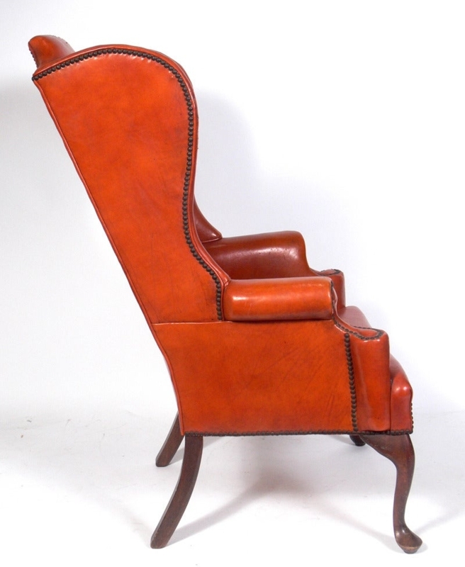 Cognac Leather Wingback Chair with Nailhead Trim