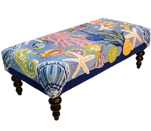 Colorful Coastal Upholstered Bench with Ocean Motifs