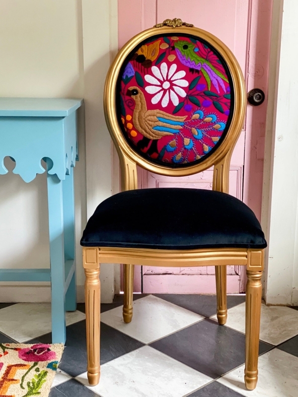 Colorful Eclectic Upholstered Dining Chair with Gold Frame