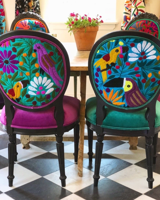 Colorful Embroidered Dining Chairs with Bold Patterns