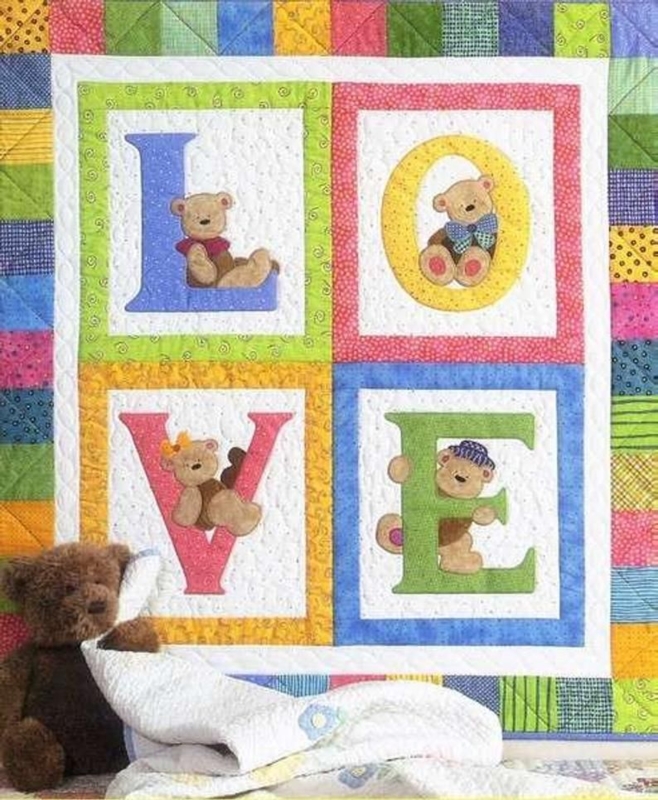 Colorful Handmade Baby Quilt with Bear Letters