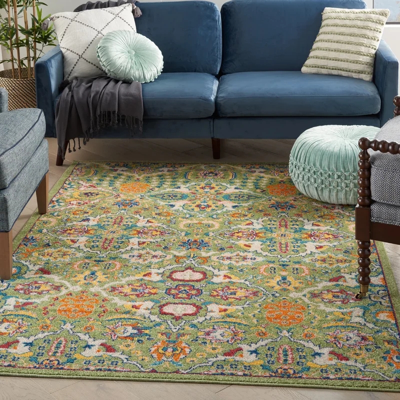 Colorful Oriental Rug with Green and Orange Accents