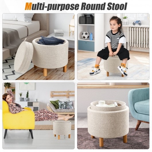 Compact Round Storage Ottoman with Removable Tray Top