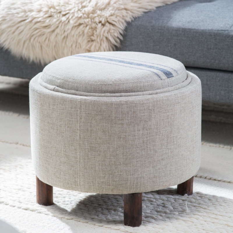 Contemporary Round Storage Ottoman with Natural Fabric