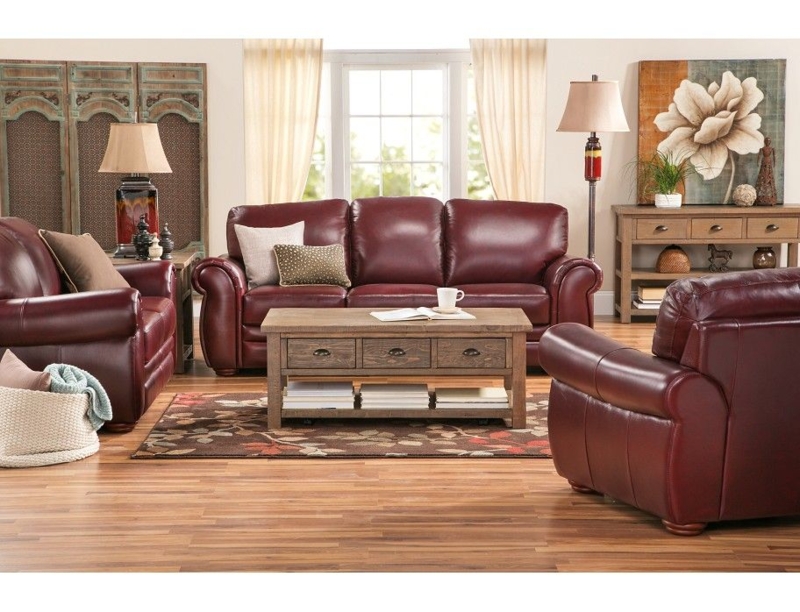 Cozy Living Room with Burgundy Leather Sofa