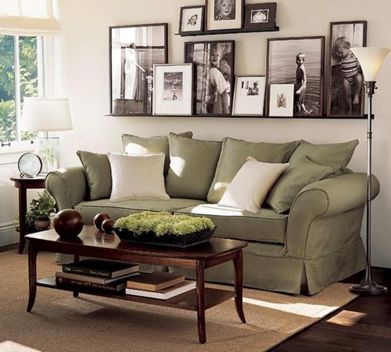 Cozy Living Room with Sage Green Couch and Neutrals