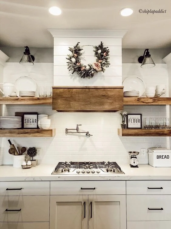 Cozy Modern Farmhouse Kitchen with Wooden Range Hood