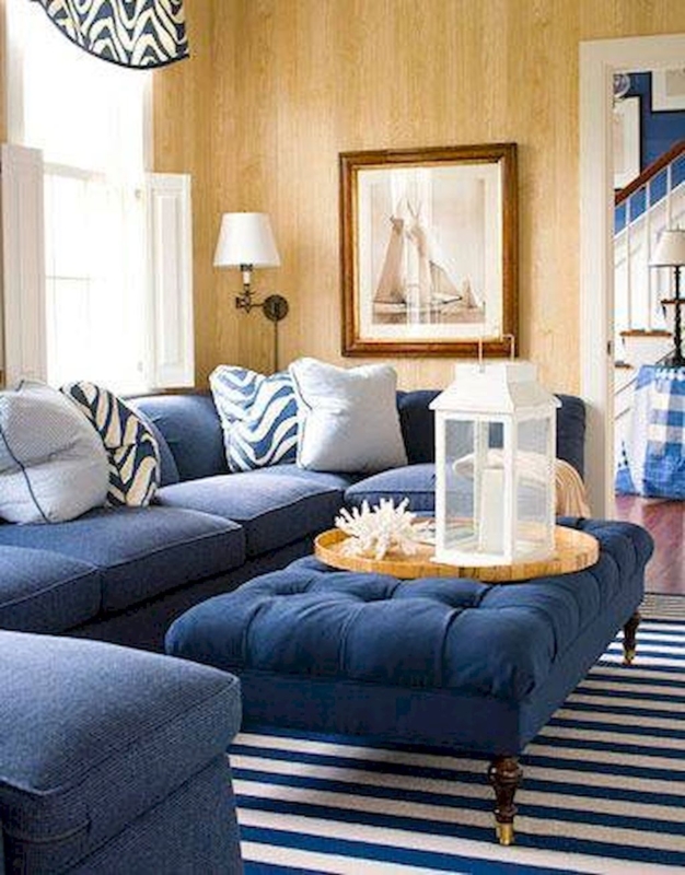 Cozy Navy Blue Coastal Living Room Design
