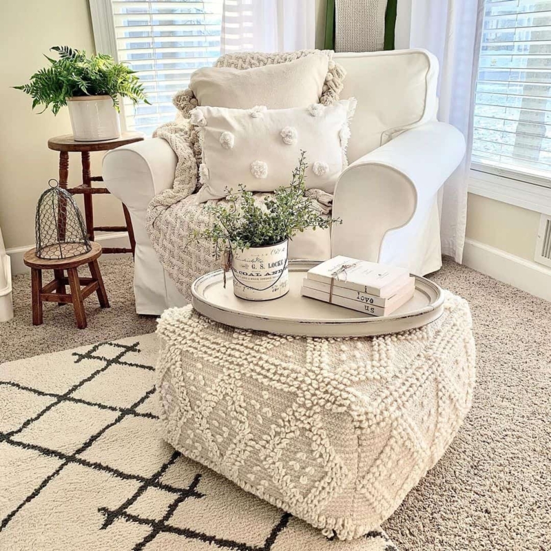 Cozy Neutral Living Room with Textured Ottoman Tray