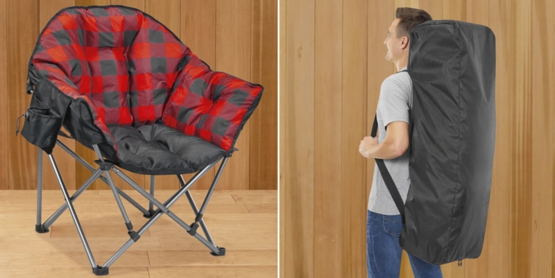 Cozy Red Plaid Folding Camping Chair with Carry Bag