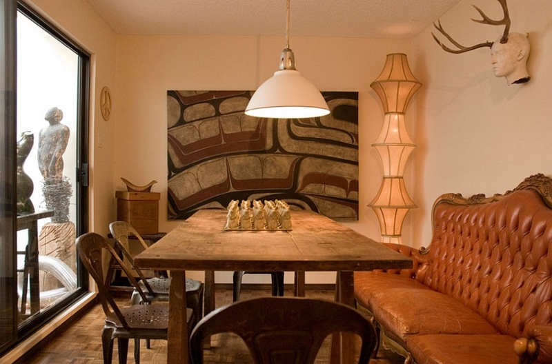 Cozy Rustic Dining Room with Unique Corner Lighting