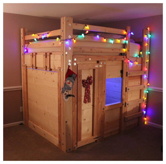 Cozy Wooden Loft Bed Fort with Colorful String Lights