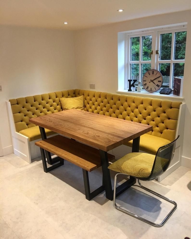 Cozy Yellow Buttoned Banquette Dining Nook