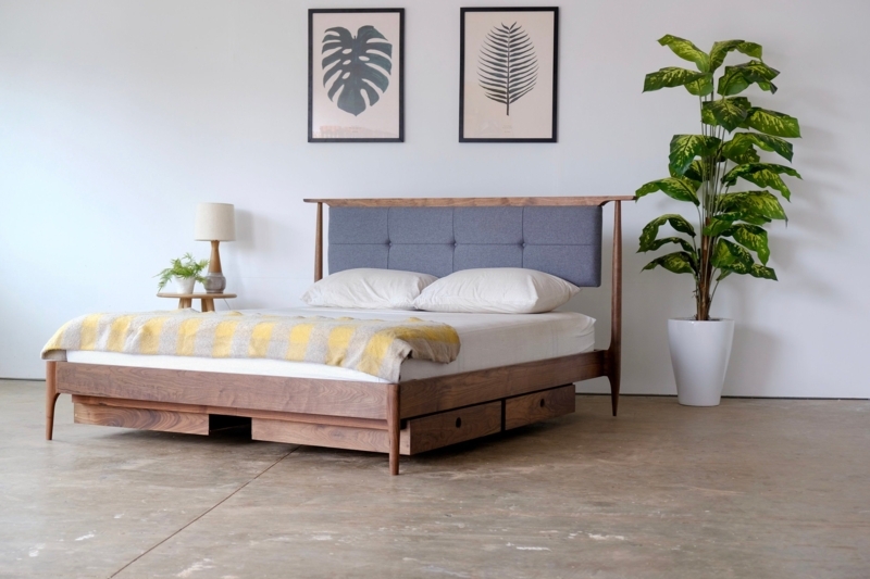 Custom Mid Century Upholstered Walnut Platform Bed