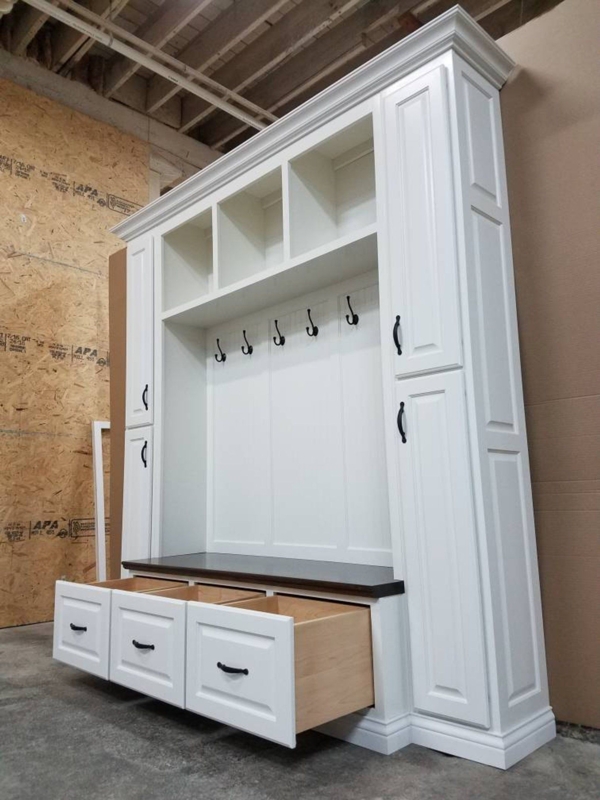 Custom White Mudroom Lockers with Bench Storage
