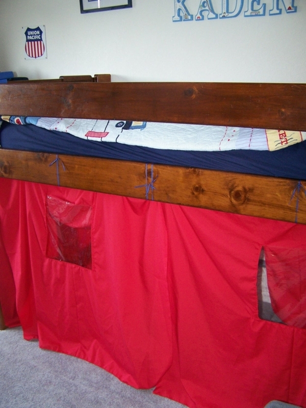 Custom Wooden Bunk Bed Fort with Red Curtain