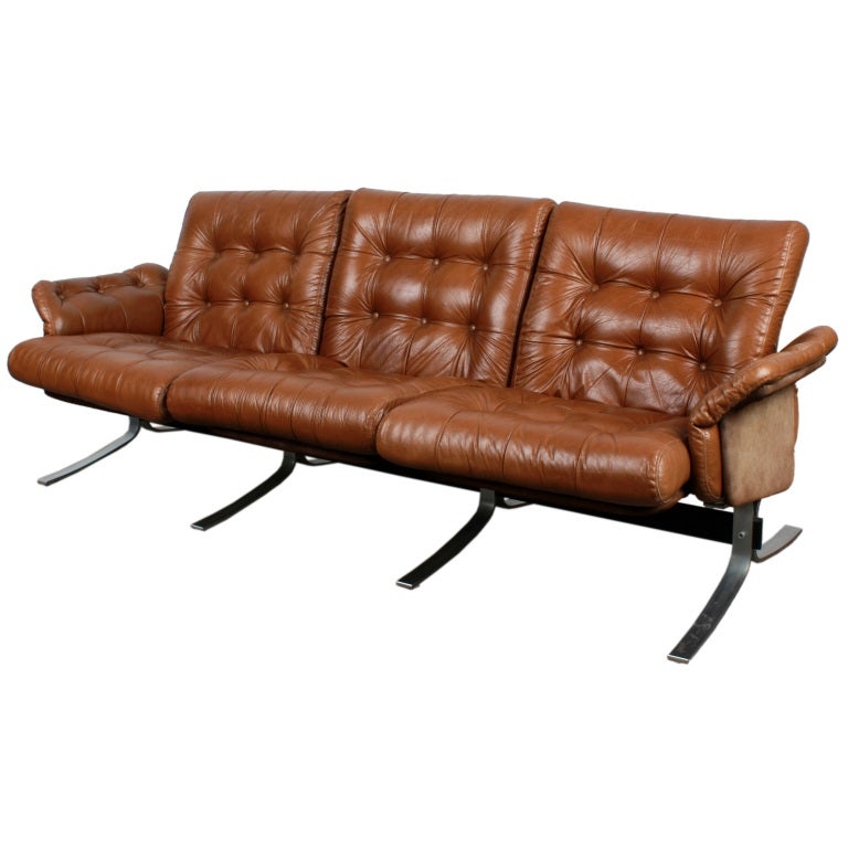 Danish Modern Tufted Brown Leather Sofa with Metal Frame