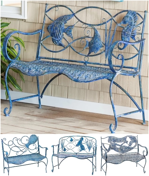 Decorative Blue Coastal Metal Benches with Sea Motifs