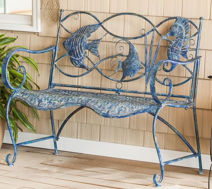 Decorative Coastal Metal Bench with Sea Life Motifs