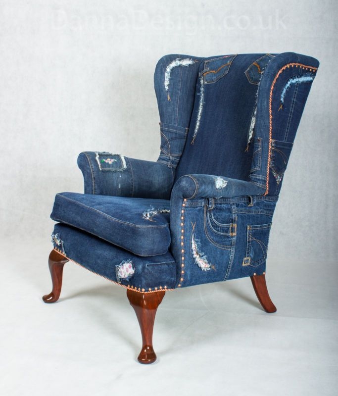 Denim Patchwork Wingback Armchair with Wooden Legs