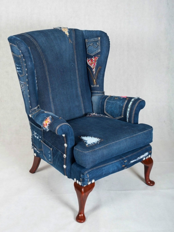 Denim Patchwork Wingback Armchair with Wooden Legs