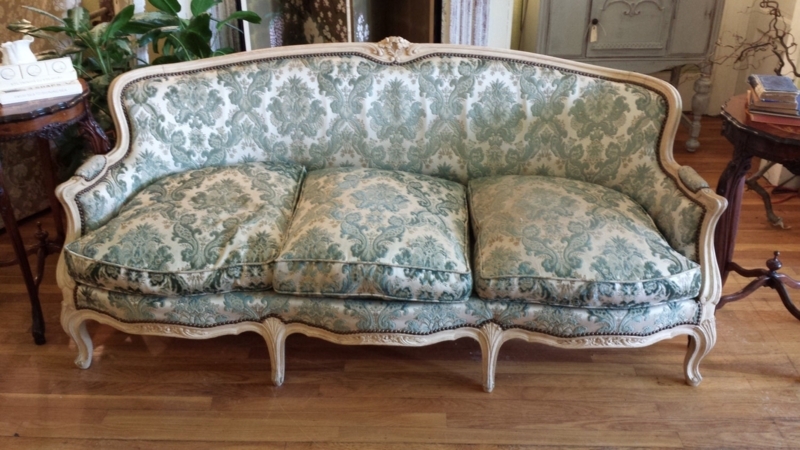 Elegant Antique French Provincial Sofa in Blue Green