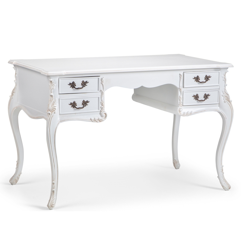 Elegant Antique White French Writing Desk with Carvings