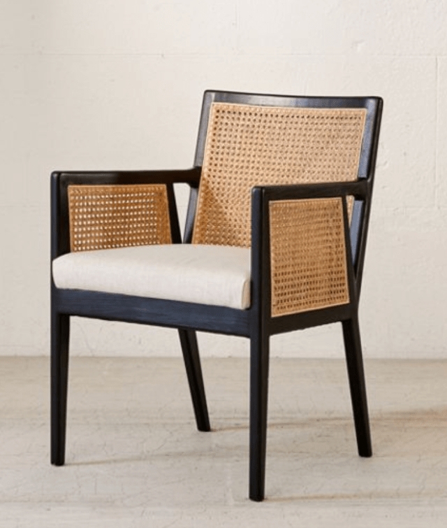 Elegant Black Frame Cane Chair with Cushioned Seat
