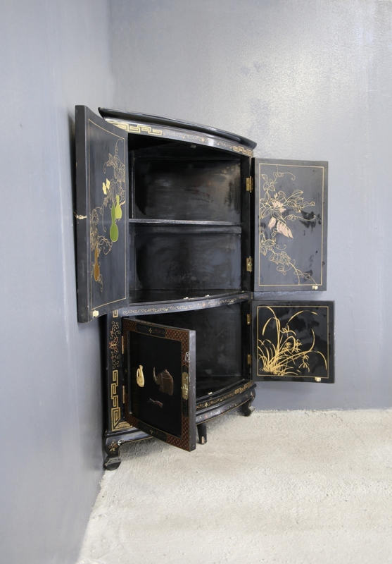 Elegant Black Lacquer Chinese Corner Cabinet