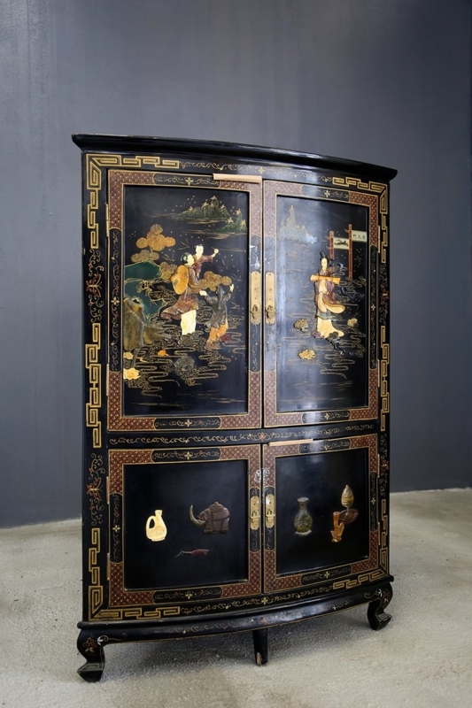 Elegant Black Lacquer Chinese Corner Cabinet with Soapstone