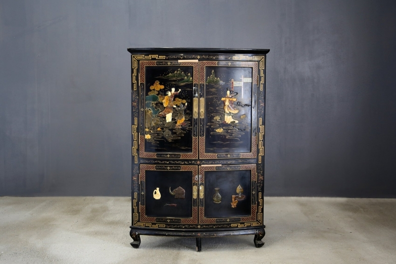 Elegant Black Lacquer Chinese Corner Cabinet