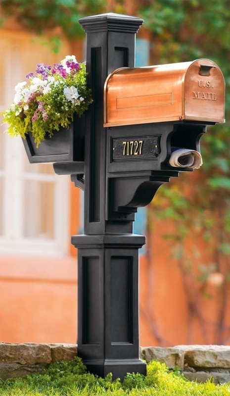 Elegant Black Mailbox Post with Copper Mailbox and Flower Box