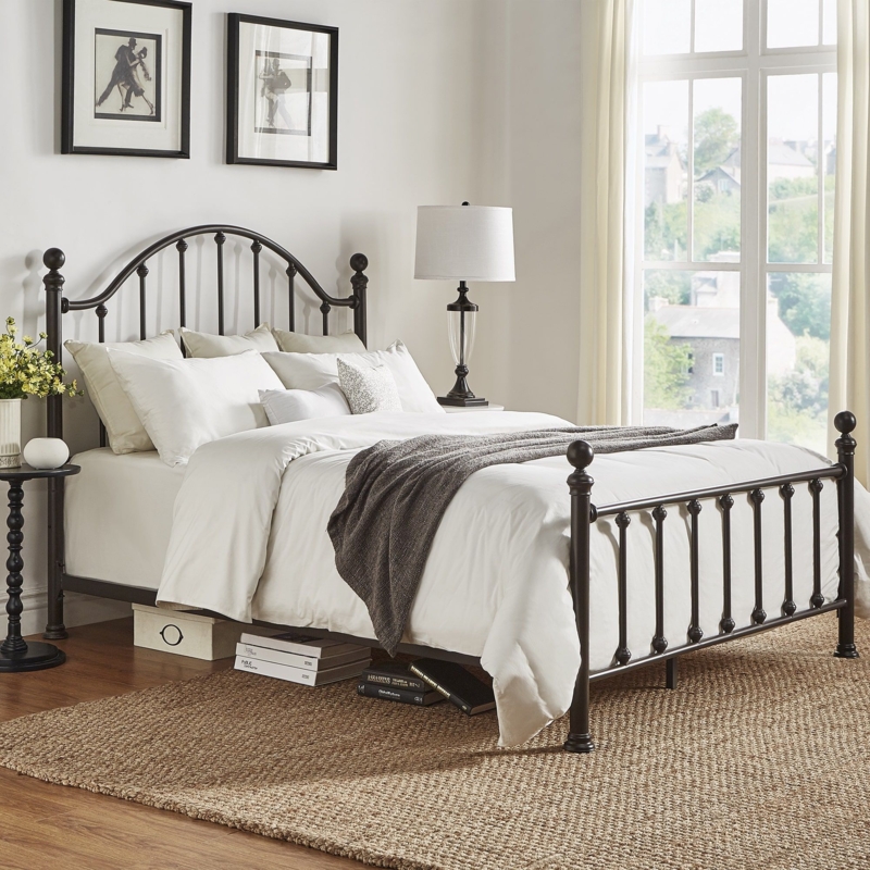 Elegant Black Metal Bed Frame with Neutral Bedding