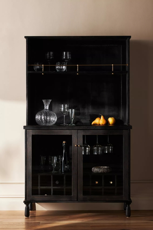 Elegant Black Wooden Bar Cabinet with Glassware
