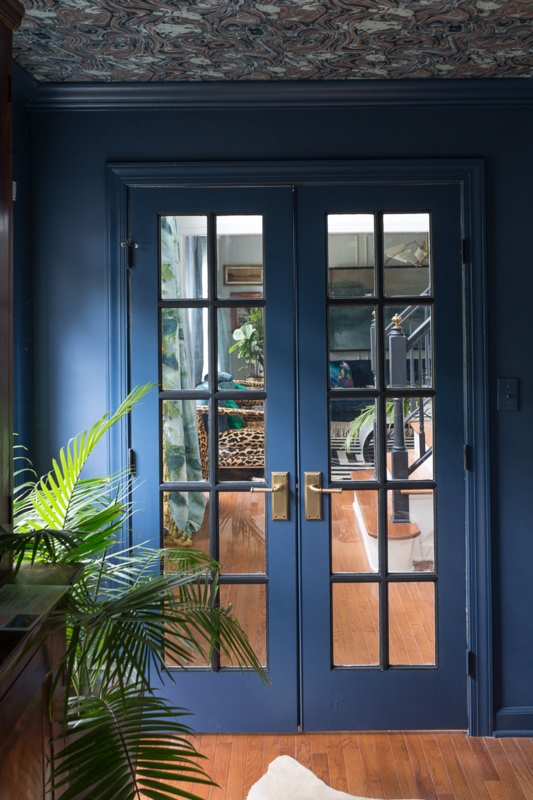 Elegant Blue Interior French Doors with Brass Hardware