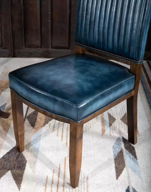Elegant Blue Leather Dining Chair with Wood Frame