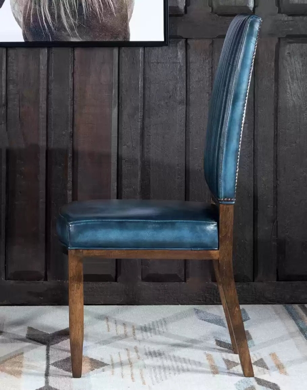 Elegant Blue Leather Dining Chair with Wooden Frame